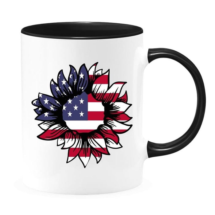 Coffee Accent Mug Vintage Sun Flower USA Flag Mug For Independence Day Mug 11oz