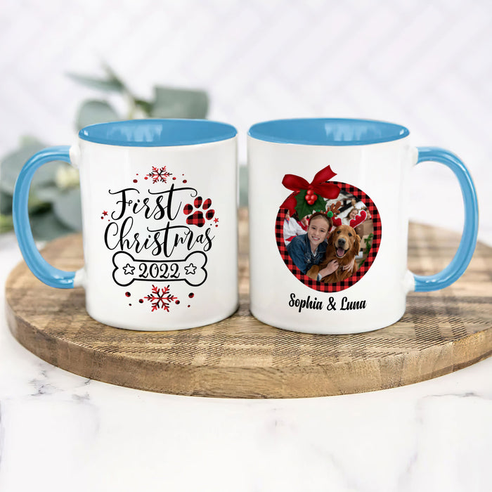Personalized Coffee Mug Gifts For Dog Lovers First Christmas Snowflakes Ribbon Custom Name Accent Cup For Christmas