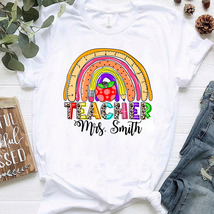 Personalized T-Shirt For Teachers Rainbow & Leopard Design School Supplies Print Custom Name Back To School Outfit