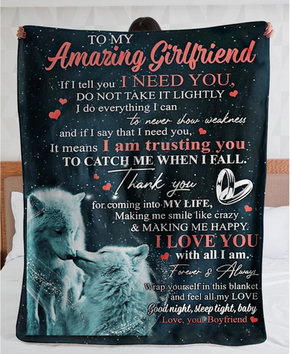 Personalized Fleece Blanket For Girlfriend Print Couple Wolf Cute Customized Blanket Gift For Valentines Day Wedding Anniversary