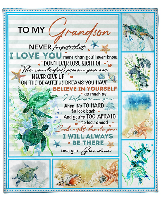 Personalized Fleece Blanket For Grandson Print Sea Turtle Cute Love Quote For Grandson Customized Blanket Gift For Birthday