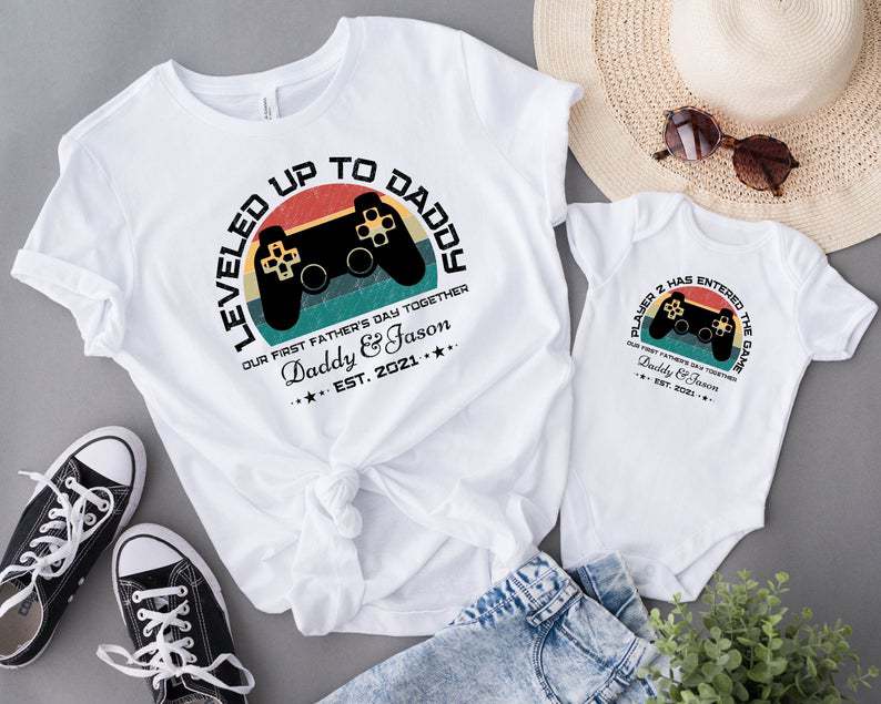 Personalized Daddy Son Matching Shirts Leveled Up To Dad Our First Fathers Day Custom Name Daddy and Son and Year