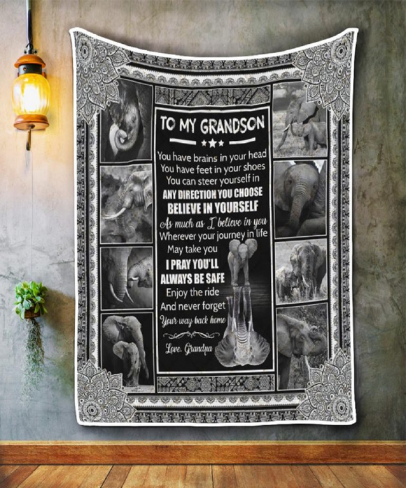 Personalized Fleece Blanket For Grandson Print Black White Elephant Cute Love Quote For Grandson Customized Blanket Gifts For Birthday