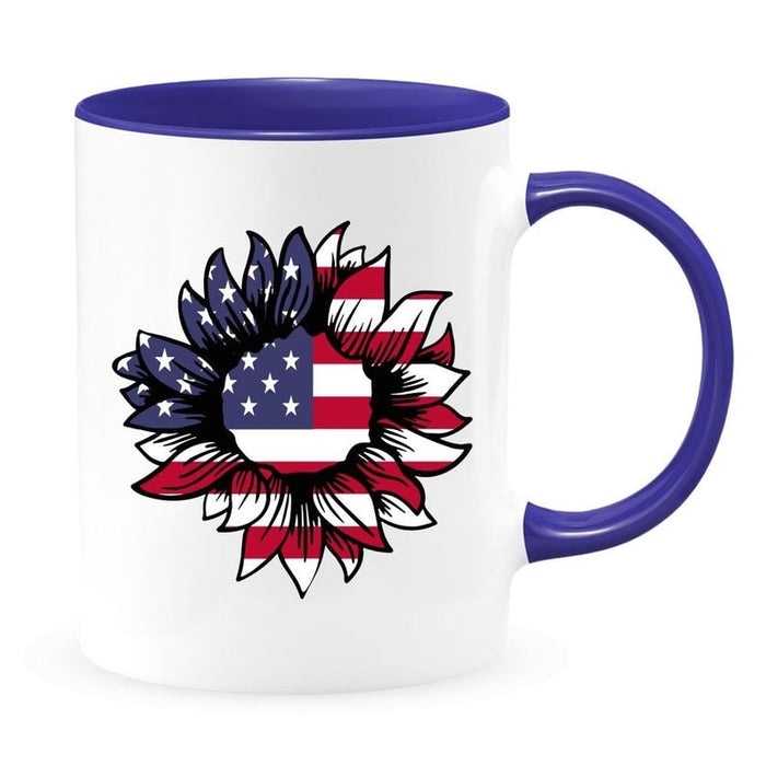 Coffee Accent Mug Vintage Sun Flower USA Flag Mug For Independence Day Mug 11oz