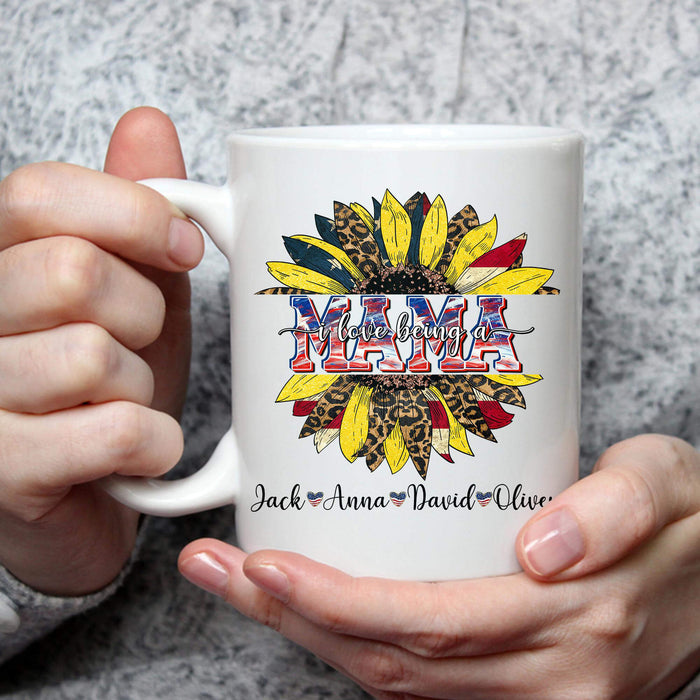 Personalized 11Oz 15Oz Coffee Mug For Mom Grandma I Love Being A Mama Sunflower & Heart Printed Custom Grandkids Name