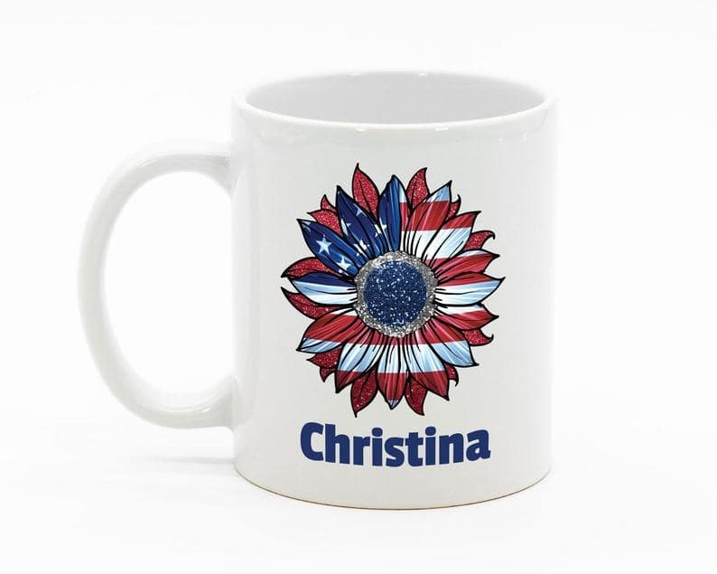 Personalized Coffee Mug For Women Vintage Sun Flower USA Flag Mug For Independence Day Mug 11oz 15oz