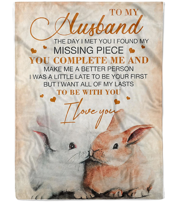 Personalized Fleece Blanket To My Husband Print Designed Romantic Rabbit Couple Vintage Blanket Gifts for Valentines Day Wedding Anniversary