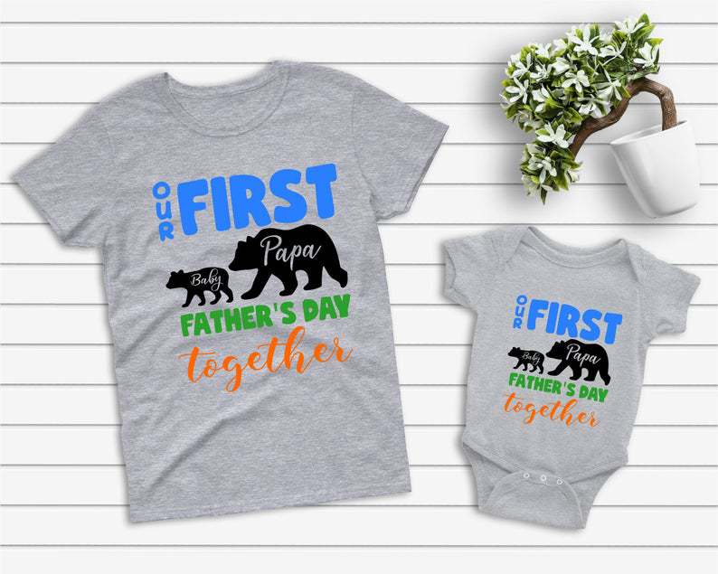 Personalized Daddy Son Matching Shirts Print Family Bear Our First Fathers Day Custom Name Papa and Baby