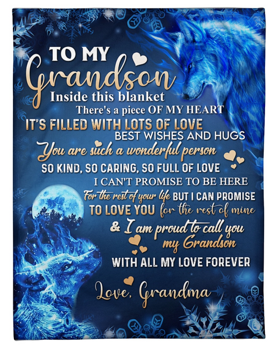 Personalized Fleece Blanket For Grandson Print Wolf Family Love Quote For Grandson Customized Blanket Gift For Birthday