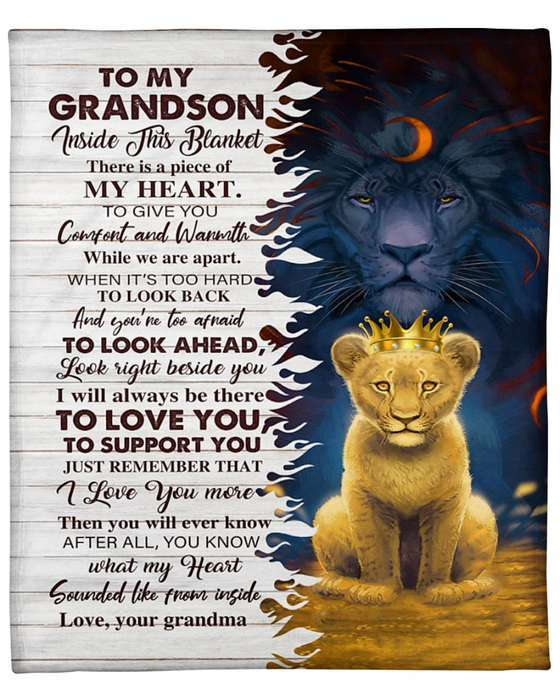 Personalized Blanket To My Grandson From Grandma Old & Baby Lion With Crown Printed Wooden Background Custom Name