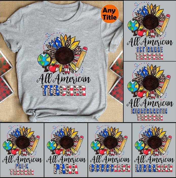 Personalized T-Shirt All American Teacher Shirt Sunflower US Flag Art Printed Shirt Patriotic Teacher Shirt