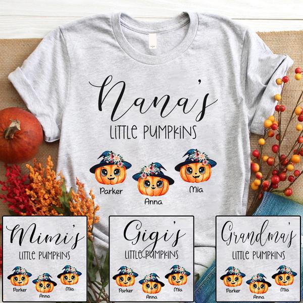 Personalized T-Shirt For Grandma Nana's Little Pumpkins Cute Pumpkin With Floral Hat Printed Custom Grandkids Name