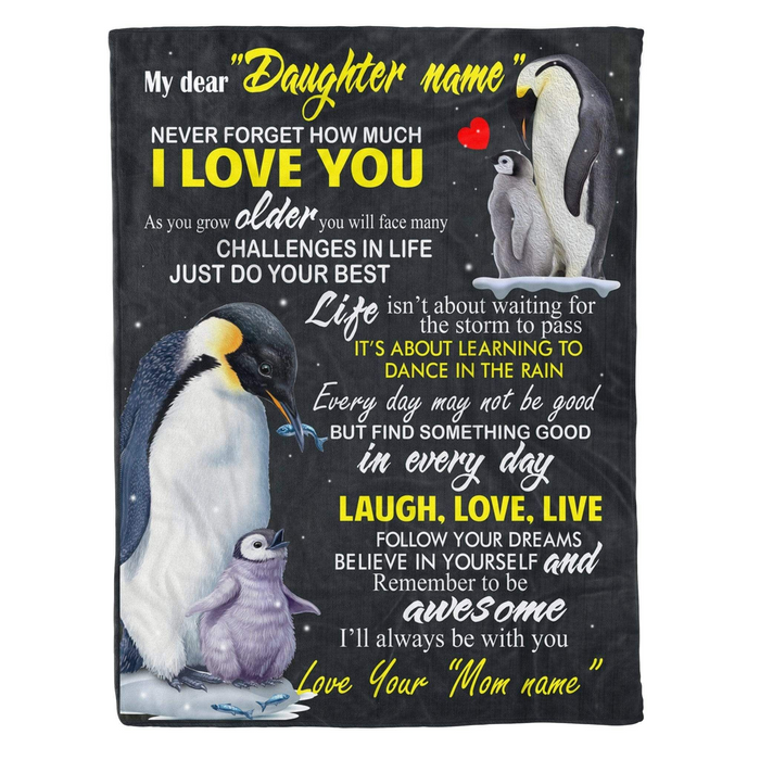Personalized Fleece Blanket For Daughter Print Penguins Cute Sweet Quote For Daughter From Mom Customized Blanket Gift For Birthday Mothers Day