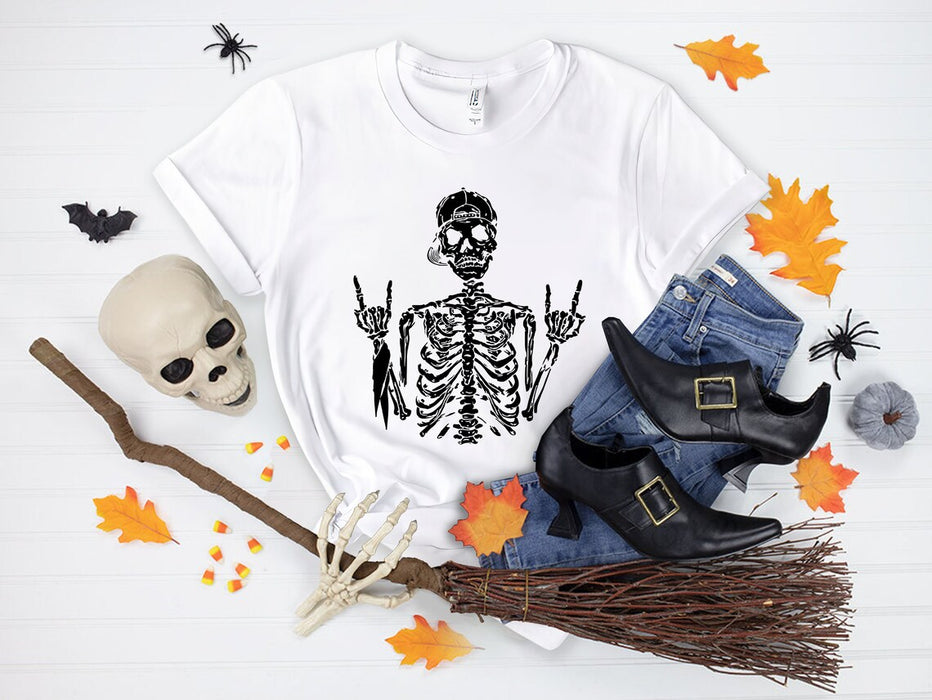 Classic Unisex T-Shirt Rock On Skeleton Shirt Funny Skeleton With Hat Printed Shirt for Halloween