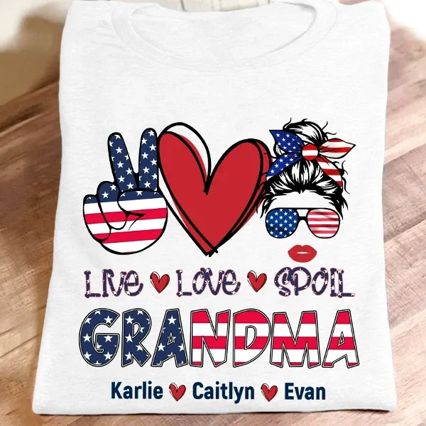 Personalized T-Shirt For Grandma Live Love Spoil USA Flag & Heart Design Custom Grandkids Name 4th July Day Shirt