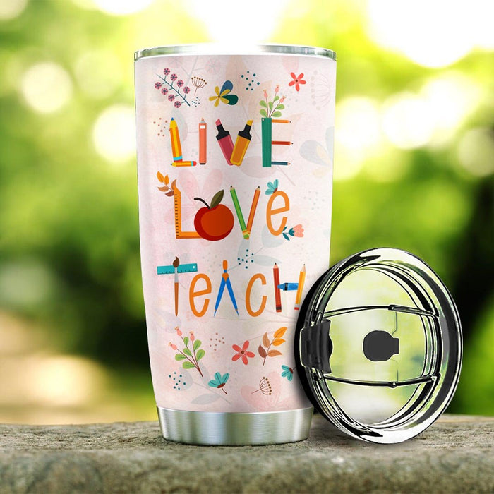 Personalized Travel Cup For Teacher Floral Design Live Love Teach 20oz Tumbler Custom Name Back To School Gifts