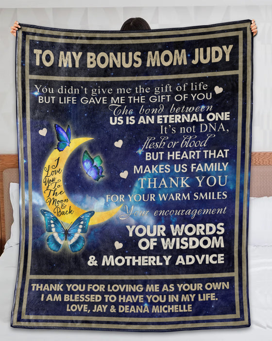 Personalized To My Bonus Mom Blanket From Kids Heart That Makes Us Family Butterflies & Crescent Moon Printed