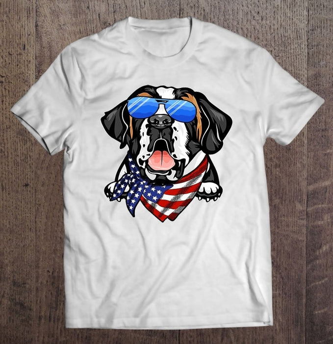 Classic Unisex T-Shirt For Dog Lover American Saint Bernard Shirt US Flag Shirt For Independence Day