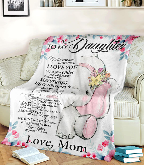 Personalized To My Daughter Blanket From Mom Cute Baby Elephant With Pink Flower Printed Custom Name Premium Blanket