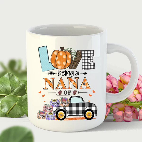 Personalized Coffee Mug Gifts For Grandma Love Being Nana Pumpkins Truck Autumn Custom Grandkids Name Birthday White Cup