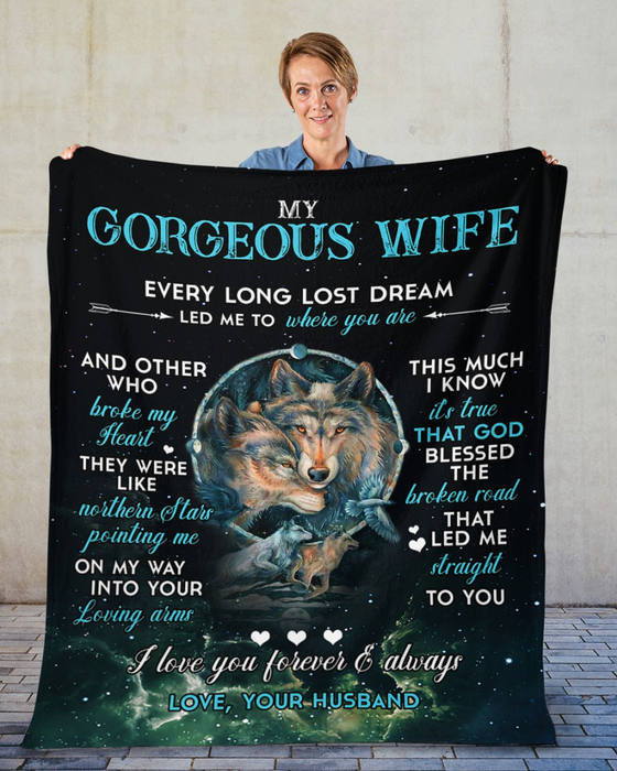 Personalized Fleece Blanket To My Gorgeous Wife Romantic Wolf Couple Printed Blankets Custom Valentine Blankets