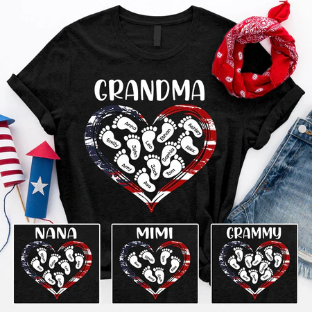 Personalized T-Shirt For Grandma Heart Print USA Flag & Footprint Design Custom Grandkids Name 4th Of July Shirt