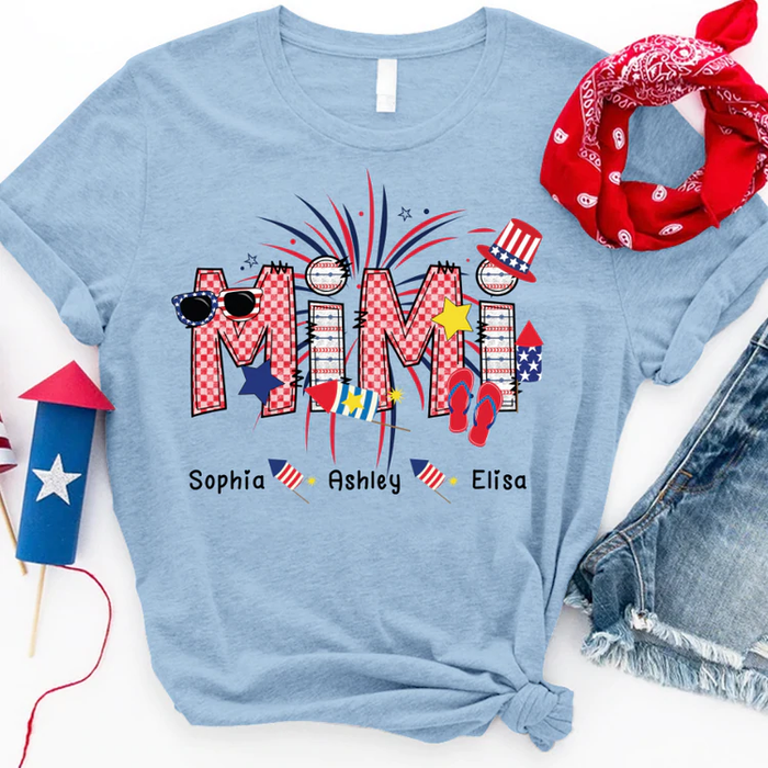 Personalized T-Shirt For Grandma Fireworks & Flip Flops Print USA Flag Design Custom Grandkids Name 4th Of July Shirt