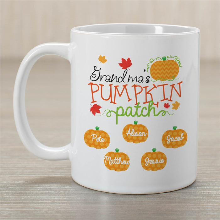 Personalized Coffee Mug Gifts For Grandma Pumpkin Patch Fall Leaves Custom Grandkids Name Thanksgiving White Cup