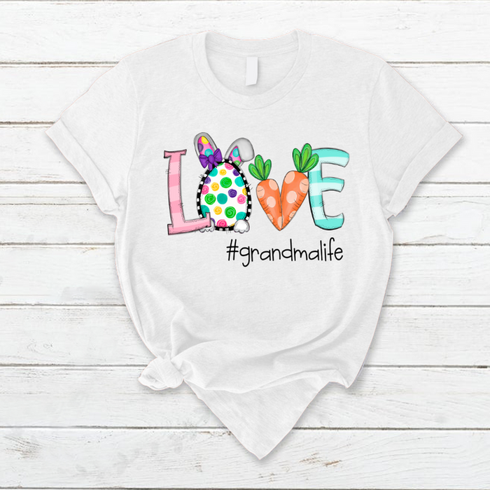 Personalized T-Shirt For Grandma Love Hashtag Grandma Life Cute Bunny & Carrot Printed Happy Easter Day Shirt
