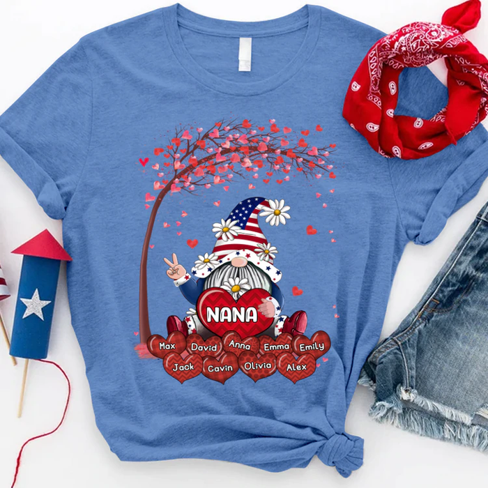 Personalized T-Shirt For Grandma Gnome & Tree With Tree Print USA Flag Design Custom Grandkids Name 4th Of July Shirt