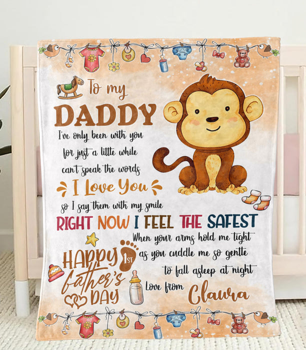 Personalized Blanket To My New Dad From Baby Bump Happy First Father's Day Cute Baby Monkey Print Custom Name