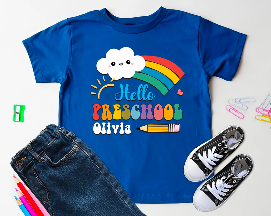 Personalized T-Shirt For Kid Hello Preschool Colorful Rainbow With Cloud Print Custom Name Back To School Outfit