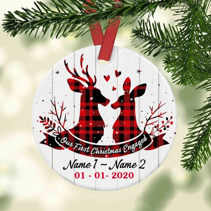 Personalized Ornament Gifts For Couples Hunting Deer First Engaged Red Plaid Custom Name Tree Hanging On Anniversary