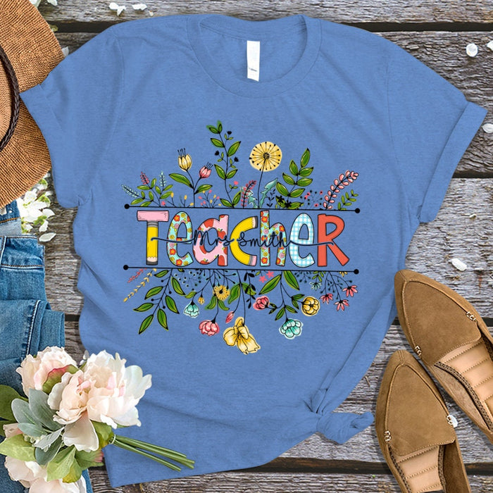 Personalized T-Shirt For Teacher Beautiful Wildflower Monogram Design Custom Name Shirt Gifts For Back To School