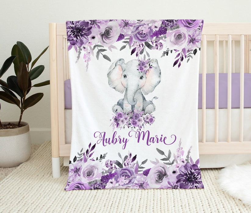Personalized Baby Blanket Purple Flower & Cute Elephant Printed Custom Name Floral Blanket Baby Reveal Blanket