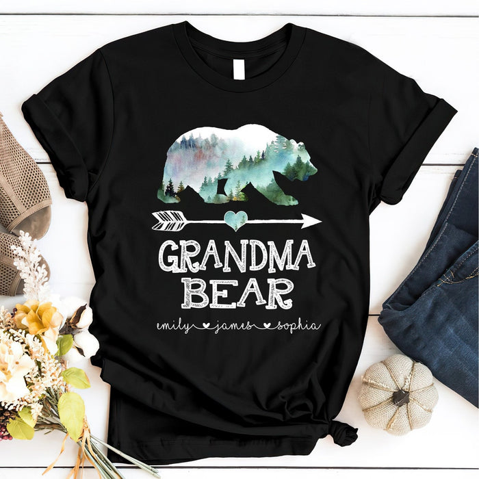 Personalized T-Shirt Grandma Bear Cute Bear & Arrow Heart Printed Forest Themed Custom Grandkids Name