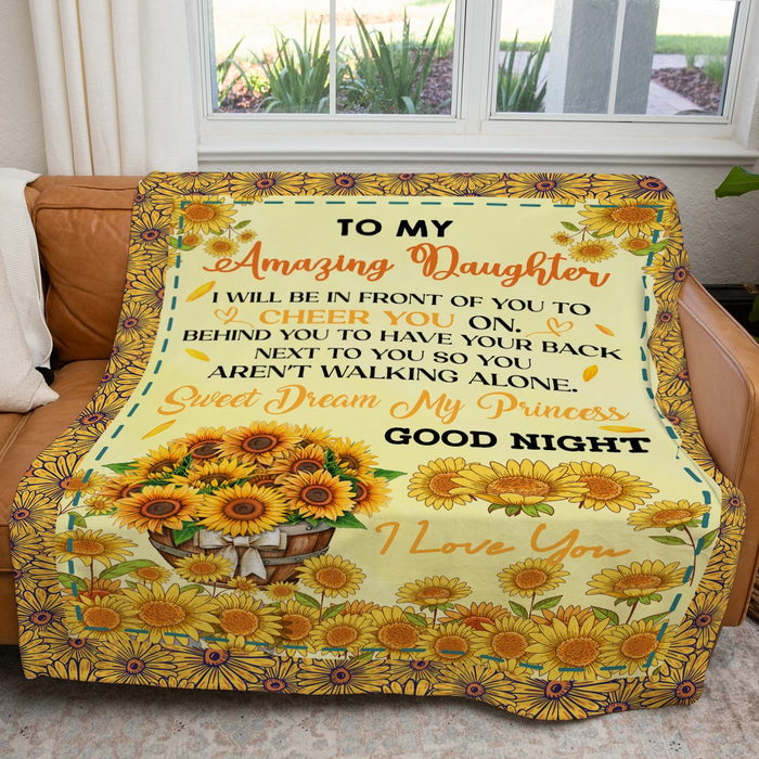 Personalized To My Amazing Daughter Blanket From Mom Dad I Will Be In Front Of You To Cheer You On Sunflower Printed