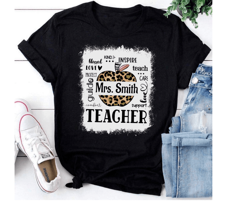 Personalized T-Shirt For Teachers Love Protect Guide Leopard Apple Design Custom Name Back To School Outfit