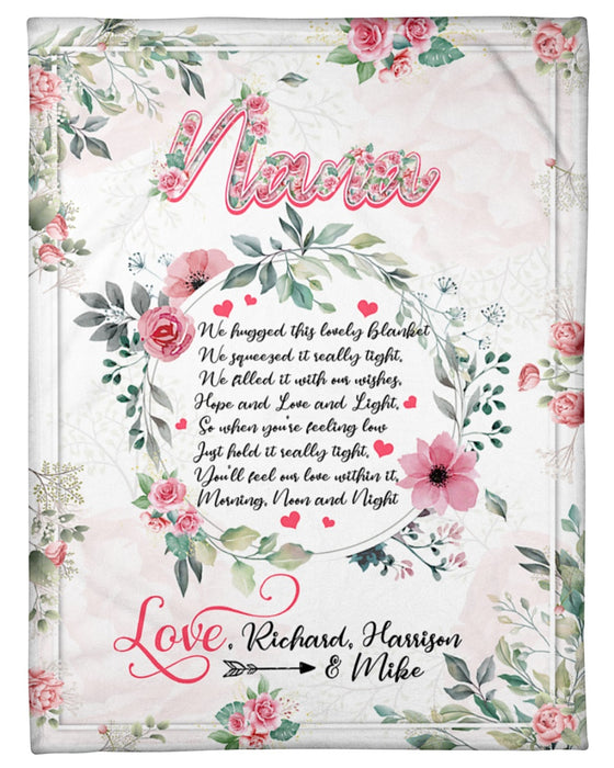 Personalized Fleece Blanket For Grandma Mom Rustic Floral Wreath Pattern Print Customized Nana & Grandkids Name