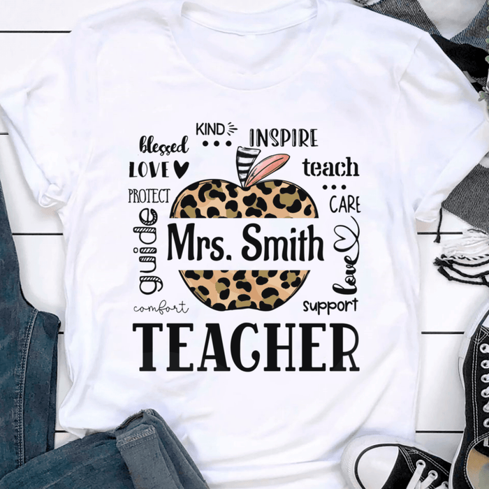 Personalized T-Shirt For Teachers Love Protect Guide Leopard Apple Design Custom Name Back To School Outfit