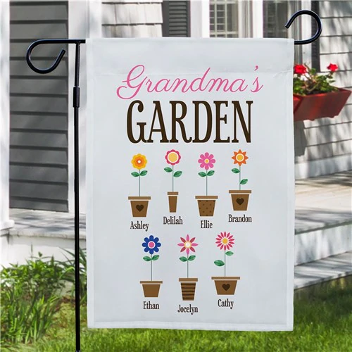 Personalized Garden Flag For Grandma Grandma's Garden Cute Colorful Flower Pot Print Grandkids Name Welcome Flag