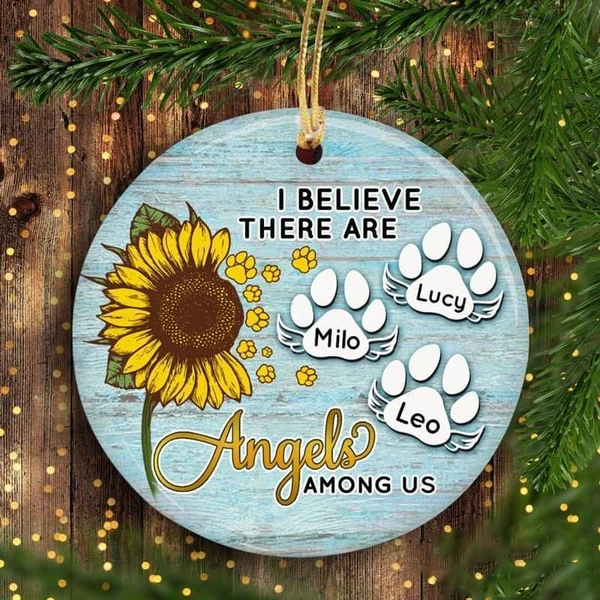 Personalized Memorial Ornament For Dog Lovers I Believe There Are Angles Among Us Sunflower & Paw Prints Custom Dog Name