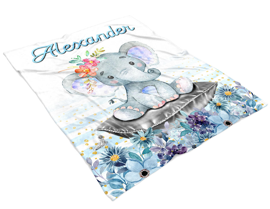 Personalized Baby Blanket For Son Cute Elephant Sitting On The Pillow & Blue Flower Printed Custom Name