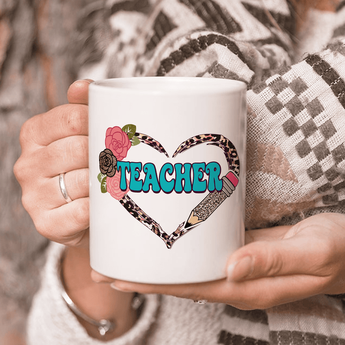 Personalized Coffee Mug For Teacher Leopard Heart With Flowers Pencil Ceramic White Cup Gifts For Back To School