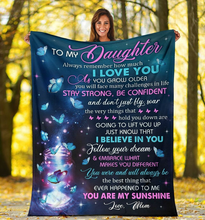 Personalized To My Daughter Sherpa Blanket From Mom Always Remember How Much I Love You Print Blue Butterflies Vase
