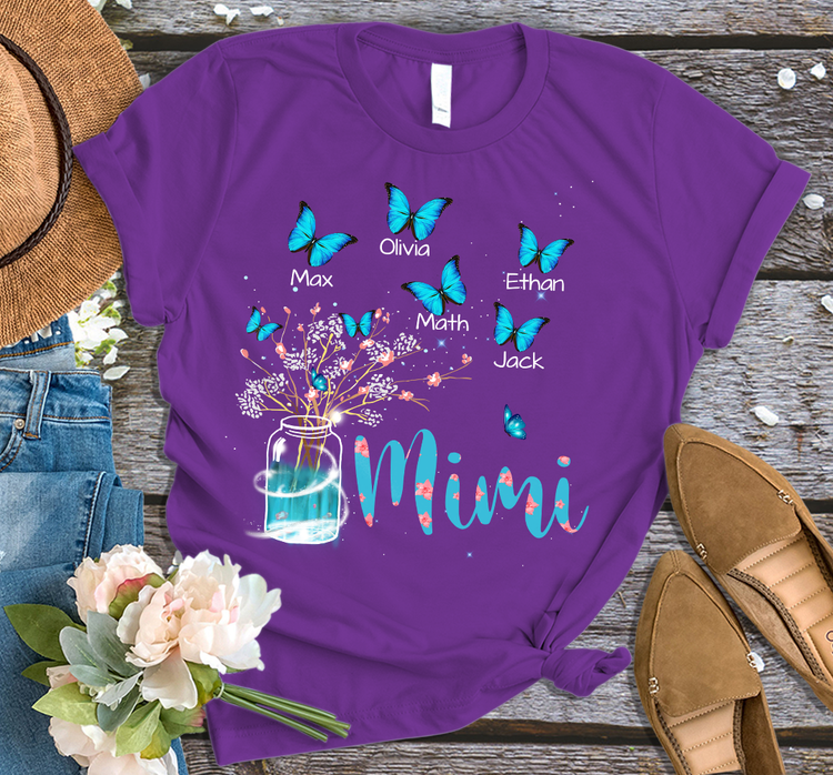 Personalized T-Shirt For Grandma Mimi Vase Of Flower & Blue Butterfly Printed Custom Grandkids Name