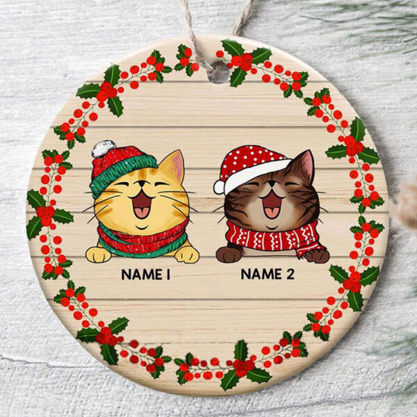 Personalized Ornament For Cat Owners Holly Branch Wooden Xmas Hat Custom Name Tree Hanging Gifts For Christmas