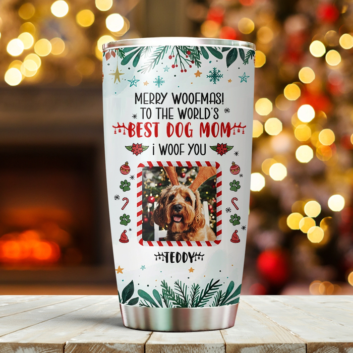 Personalized Tumbler For Dog Owners Merry Woofmas To The World's Mom Custom Name & Photo Travel Cup Gifts For Christmas