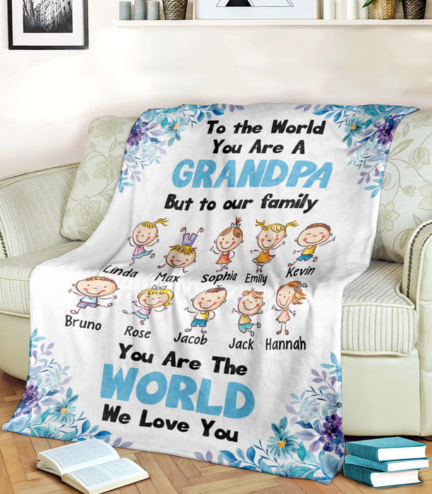 Personalized Blanket To My Grandpa From Grandkid You Are The World Flower & Cute Kid Print Custom Grandkids Name