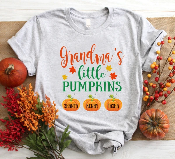 Personalized T-Shirt Grandma's Little Pumpkins Custom Grandkids Name Maple Leaves Printed Shirt For Halloween